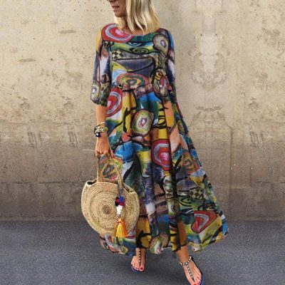 Floral Print 3/4 Sleeve Casual Long Dress | FLORALISTA