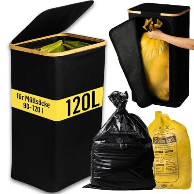 Deco haus® Waste bin (90-120L) - Waste bag holder - Waste bag holder - Bin with lid - Kitchen waste system - Sturdy waste bag holder - BLACK